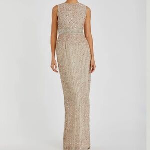 Mac Duggal Beige Sequined High Neck Sleeveless Column Gown